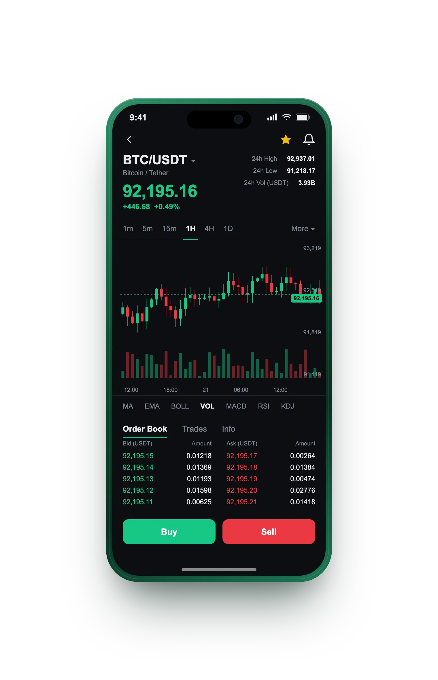 Snap 300 Atarax — BTC/BRL live candlestick chart, order book and one-tap Buy/Sell on mobile